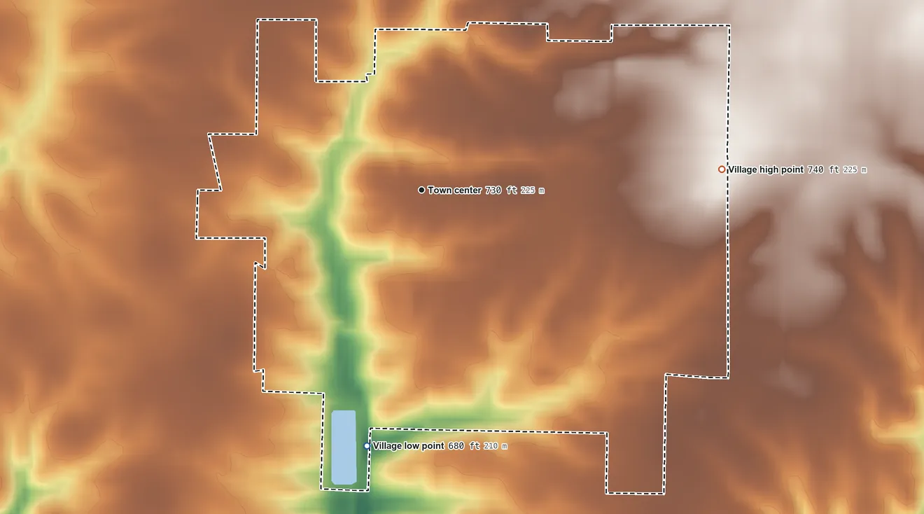 Topographic elevation map of Clayton, Illinois, shaded from 680 ft on the south side to 740 ft on the east side