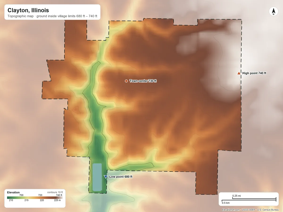 Topographic elevation map of Clayton, Illinois, shaded from 680 ft on the south side to 740 ft on the east side
