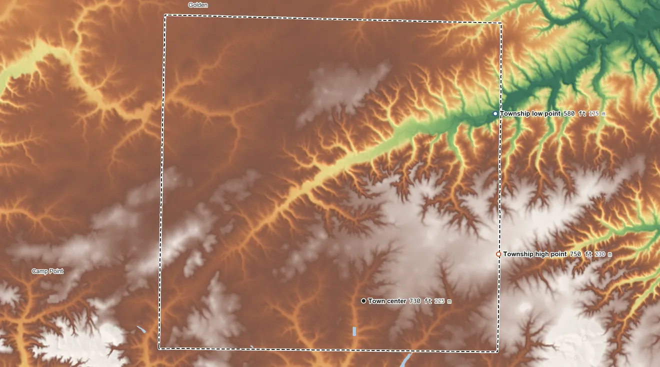 Topographic elevation map of Clayton Township, Illinois, shaded from 580 ft on the northeast side to 750 ft on the east side