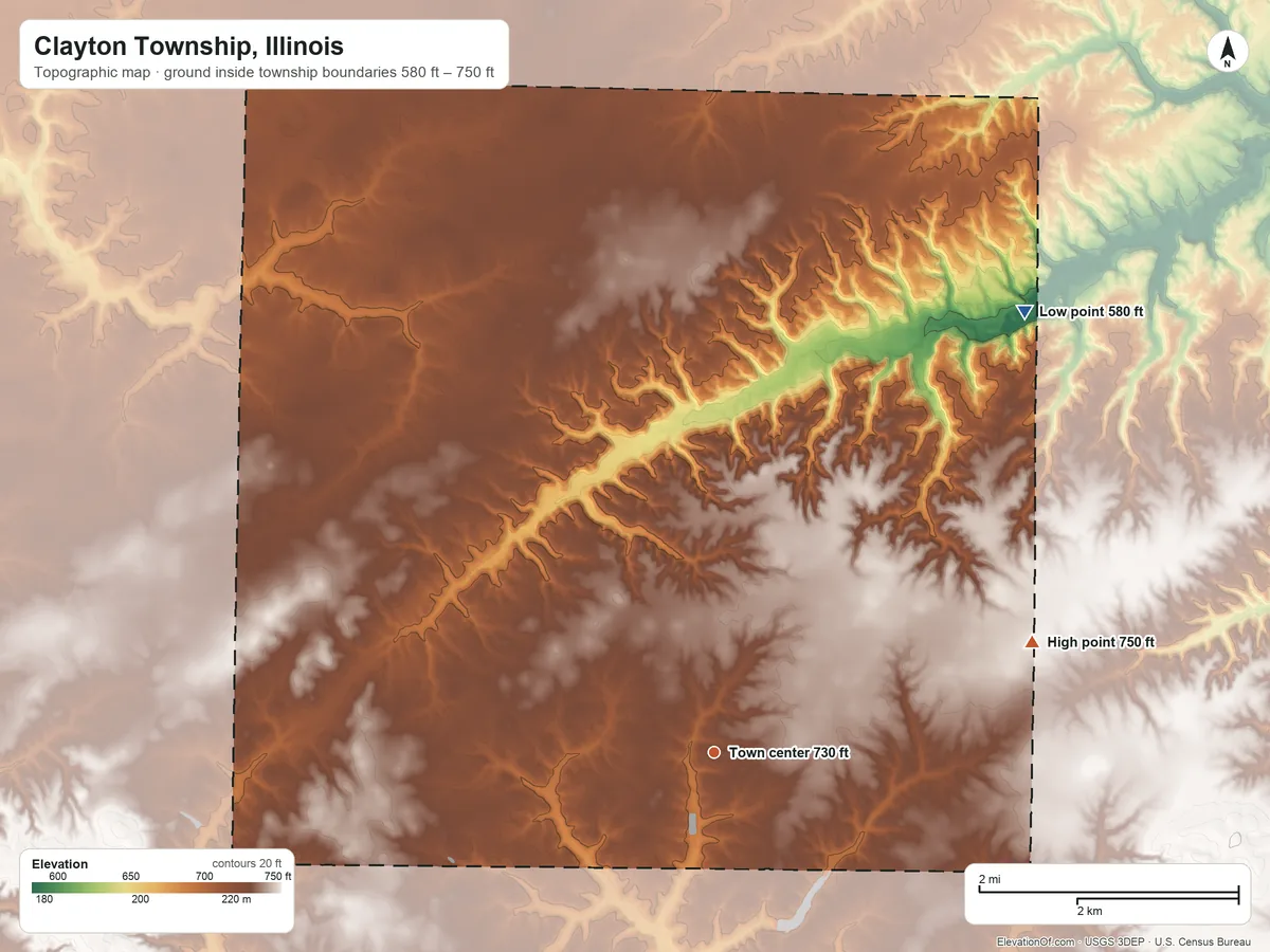 Topographic elevation map of Clayton Township, Illinois, shaded from 580 ft on the northeast side to 750 ft on the east side