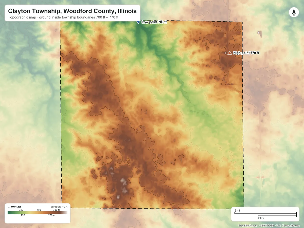 Topographic elevation map of Clayton Township, Woodford County, Illinois, shaded from 700 ft on the north side to 770 ft on the northeast side
