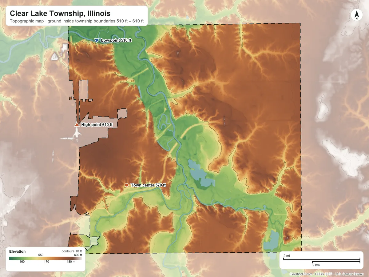 Topographic elevation map of Clear Lake Township, Illinois, shaded from 510 ft on the north side to 610 ft on the northwest side