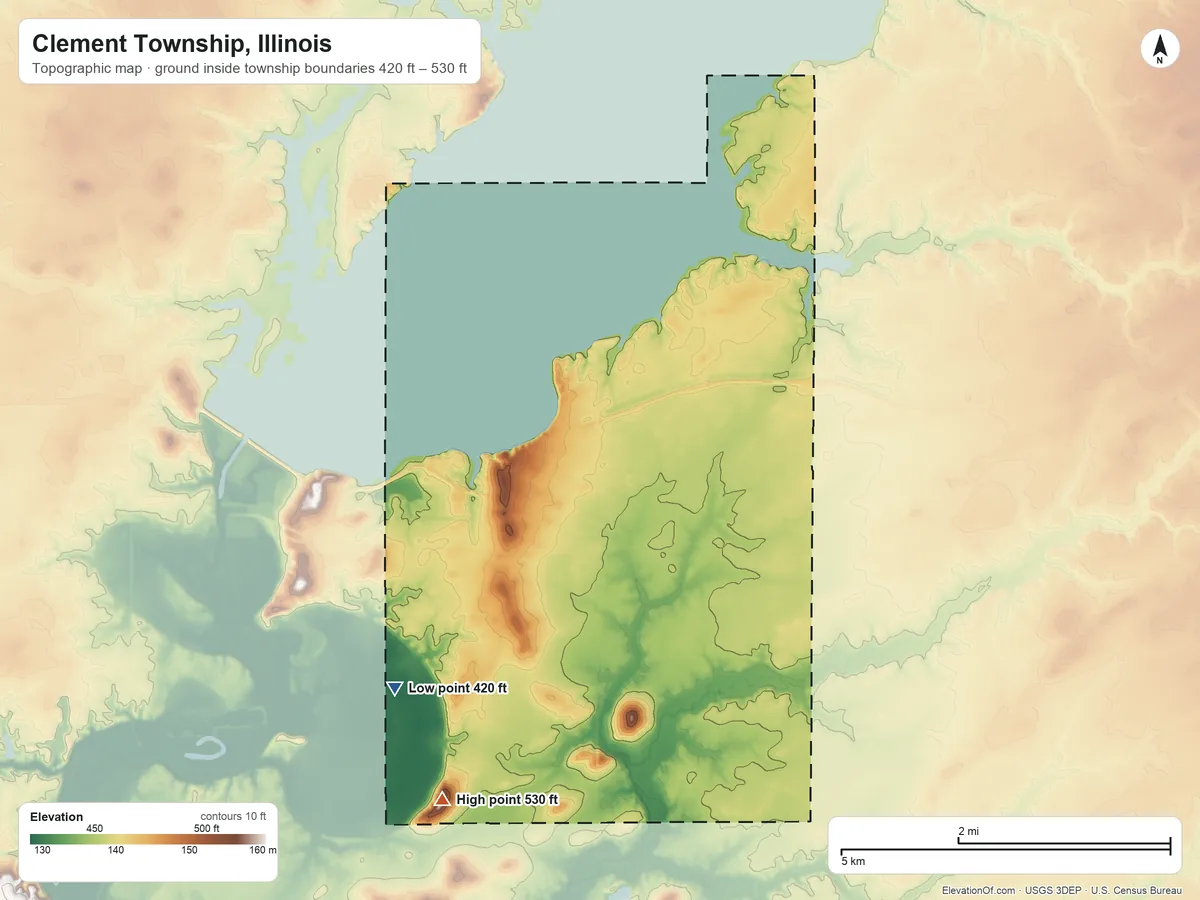 Topographic elevation map of Clement Township, Illinois, shaded from 420 ft on the southwest side to 530 ft on the southwest side