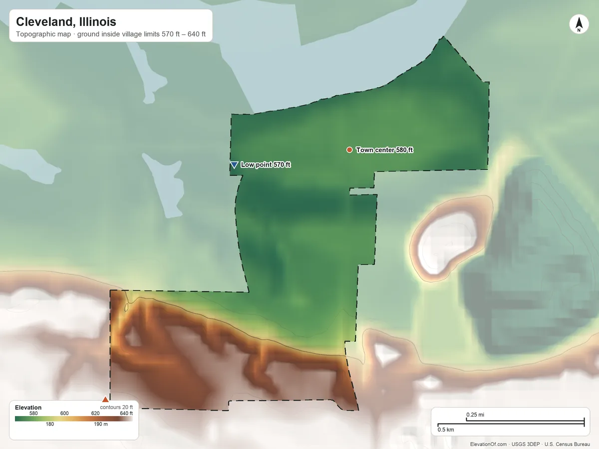Topographic elevation map of Cleveland, Illinois, shaded from 570 ft on the west side to 640 ft on the southwest side