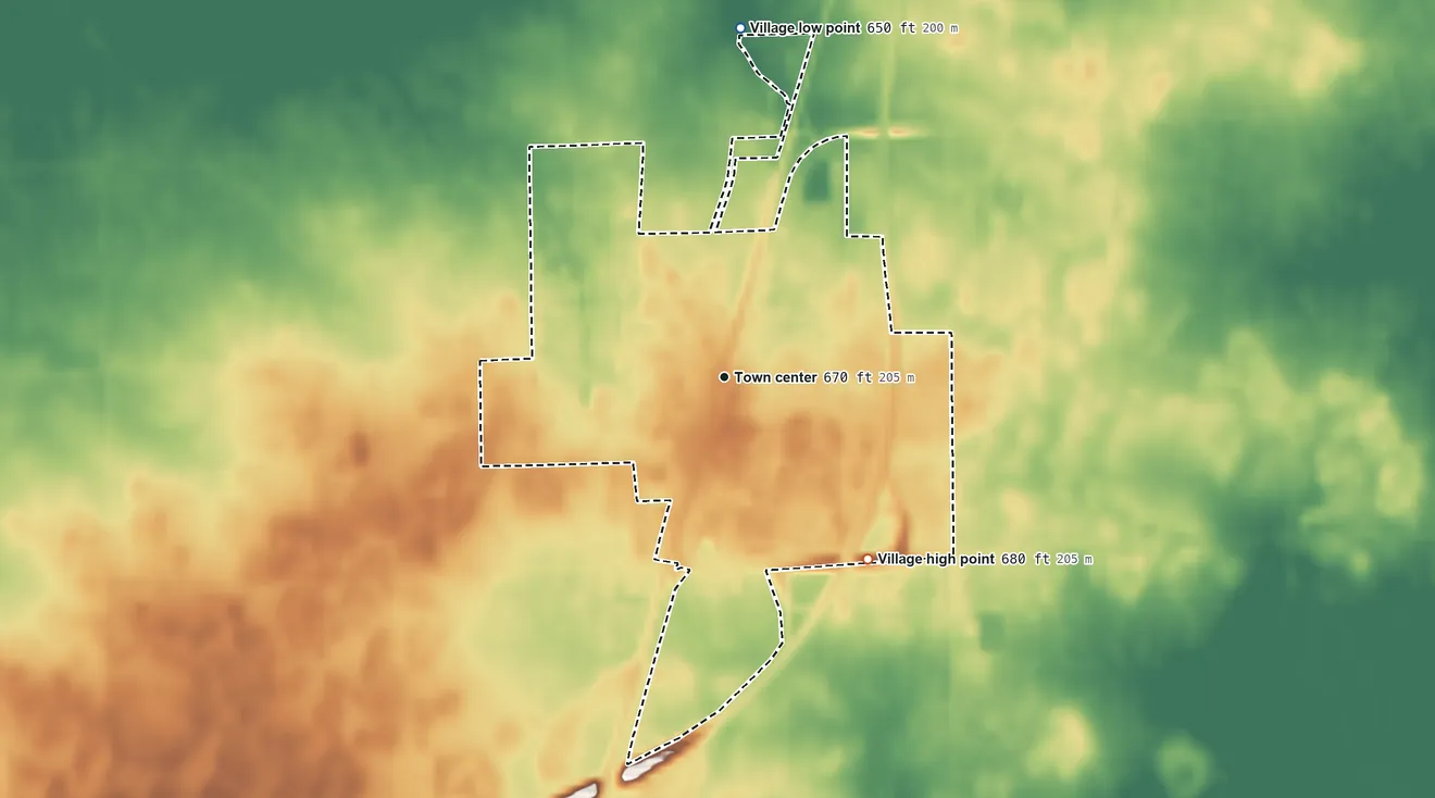 Topographic elevation map of Clifton, Illinois, shaded from 650 ft on the north side to 680 ft on the southeast side