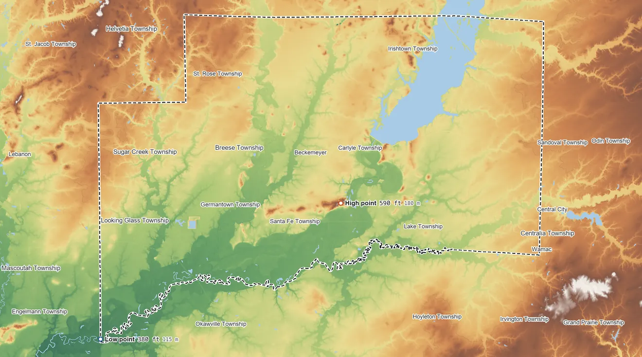 Topographic elevation map of Clinton County, Illinois, shaded from 380 ft on the southwest side to 590 ft near the middle