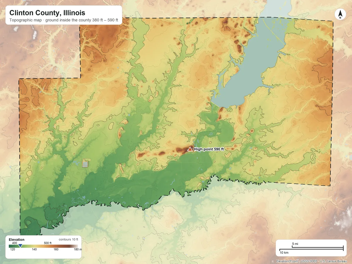Topographic elevation map of Clinton County, Illinois, shaded from 380 ft on the southwest side to 590 ft near the middle