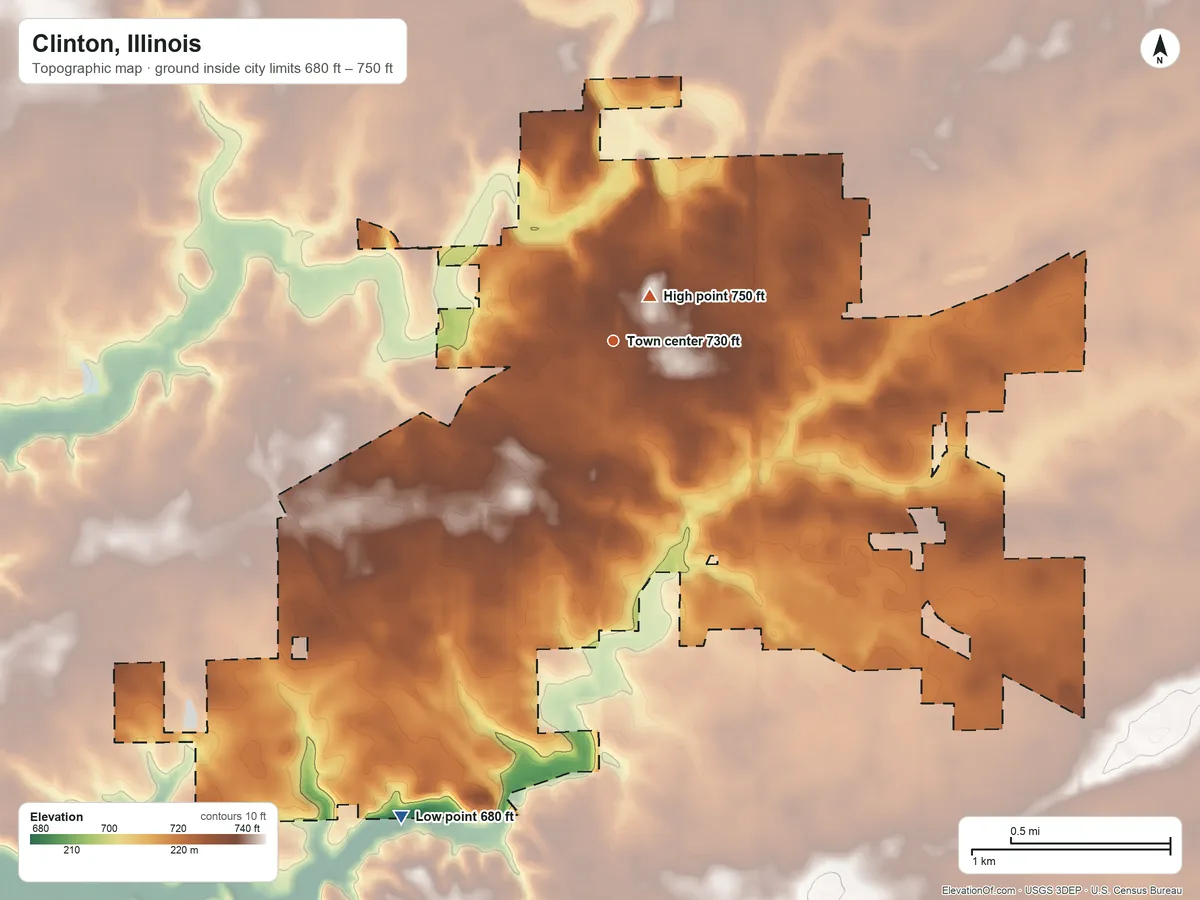 Topographic elevation map of Clinton, Illinois, shaded from 680 ft on the southwest side to 750 ft near the middle
