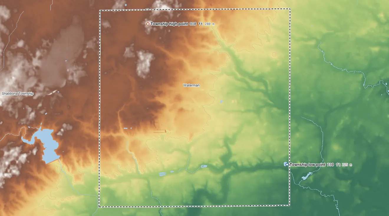 Topographic elevation map of Clinton Township, Illinois, shaded from 730 ft on the southeast side to 910 ft on the northwest side