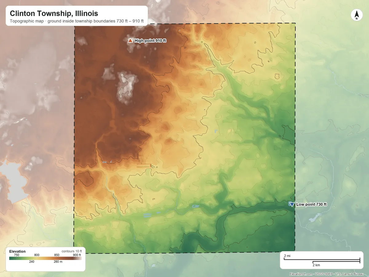 Topographic elevation map of Clinton Township, Illinois, shaded from 730 ft on the southeast side to 910 ft on the northwest side