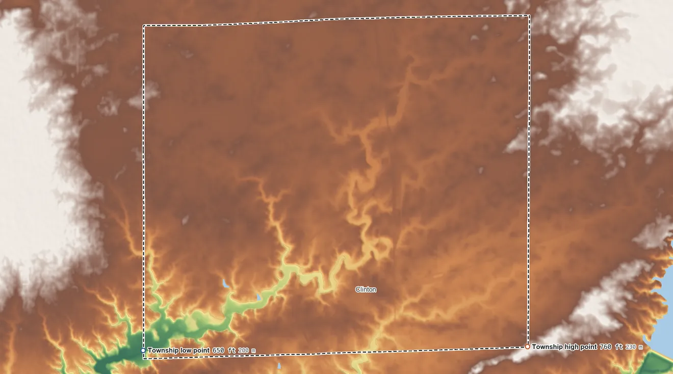 Topographic elevation map of Clintonia Township, Illinois, shaded from 650 ft on the west side to 760 ft on the east side