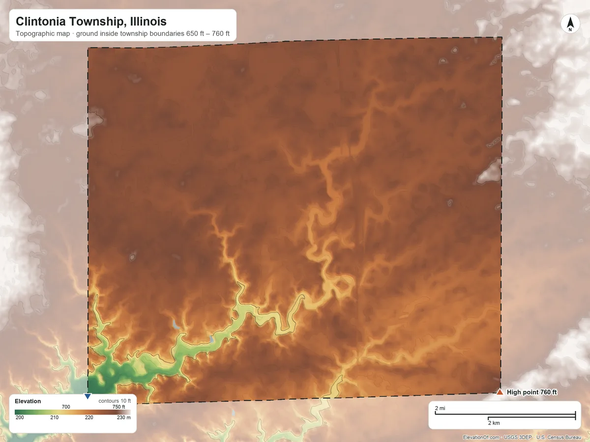 Topographic elevation map of Clintonia Township, Illinois, shaded from 650 ft on the west side to 760 ft on the east side