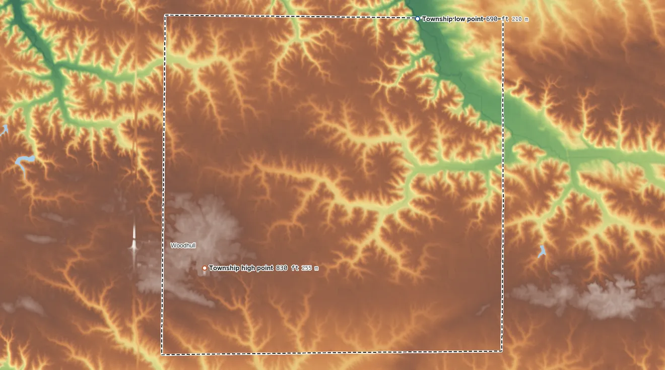 Topographic elevation map of Clover Township, Illinois, shaded from 690 ft on the northeast side to 830 ft near the middle