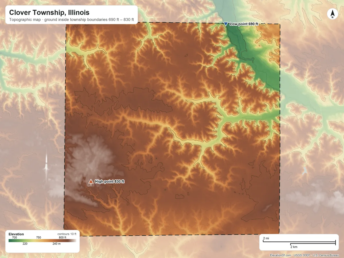 Topographic elevation map of Clover Township, Illinois, shaded from 690 ft on the northeast side to 830 ft near the middle