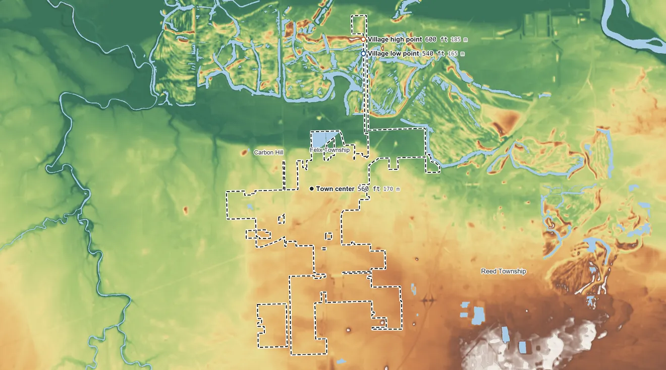 Topographic elevation map of Coal City, Illinois, shaded from 540 ft on the north side to 600 ft on the north side