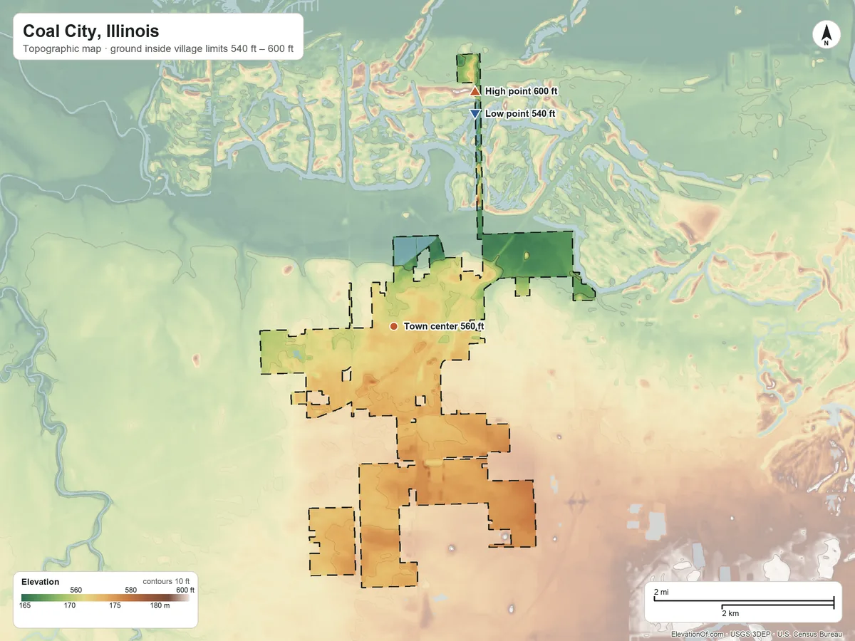 Topographic elevation map of Coal City, Illinois, shaded from 540 ft on the north side to 600 ft on the north side