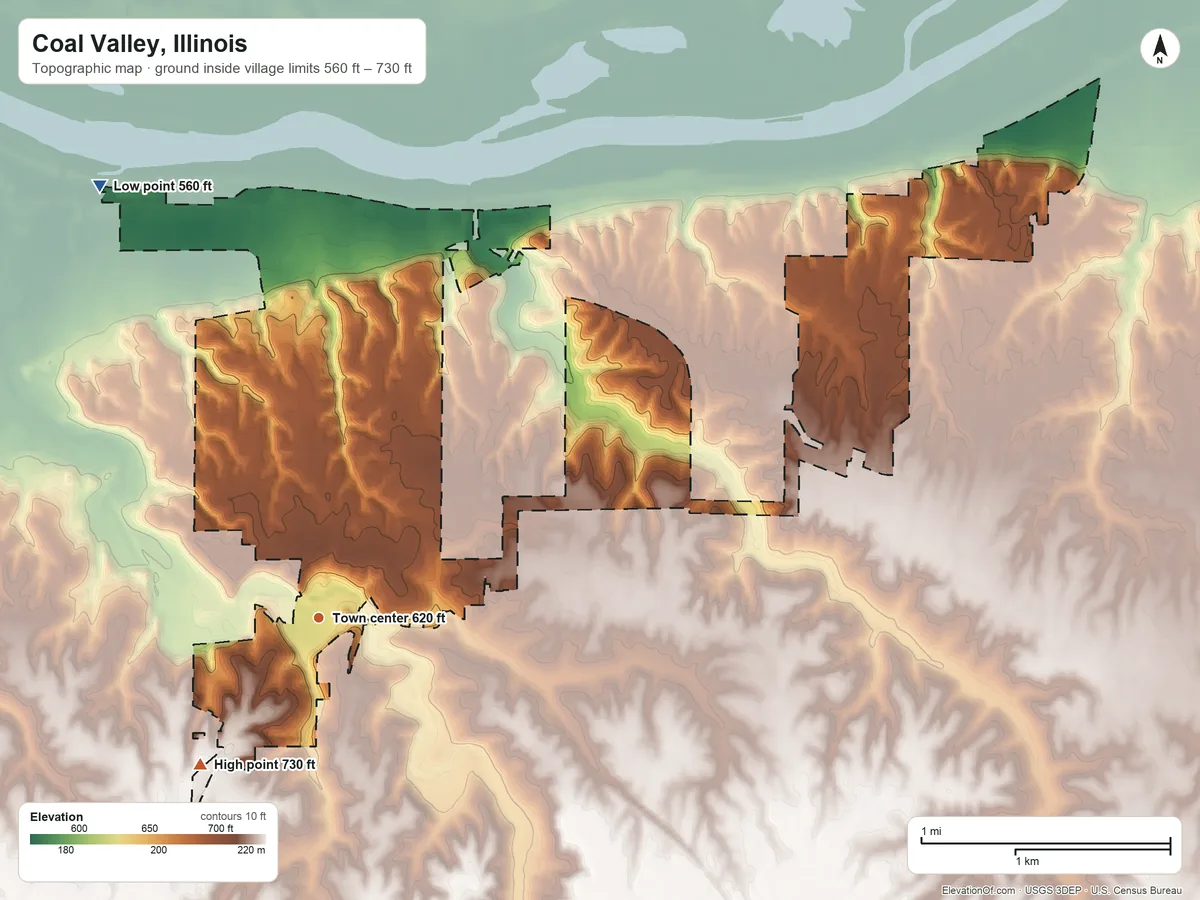 Topographic elevation map of Coal Valley, Illinois, shaded from 560 ft on the northwest side to 730 ft on the southwest side