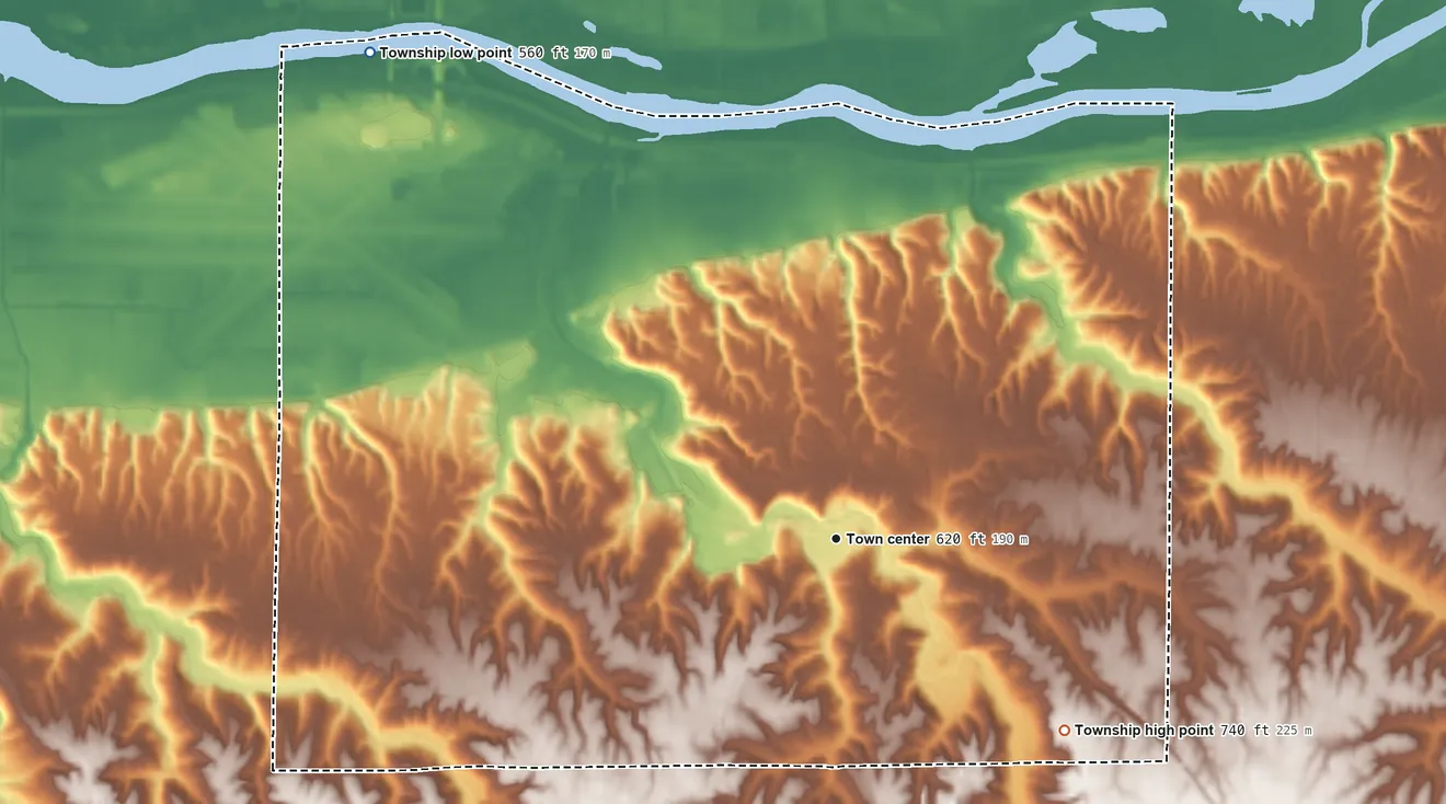 Topographic elevation map of Coal Valley Township, Illinois, shaded from 560 ft on the northwest side to 740 ft on the southeast side