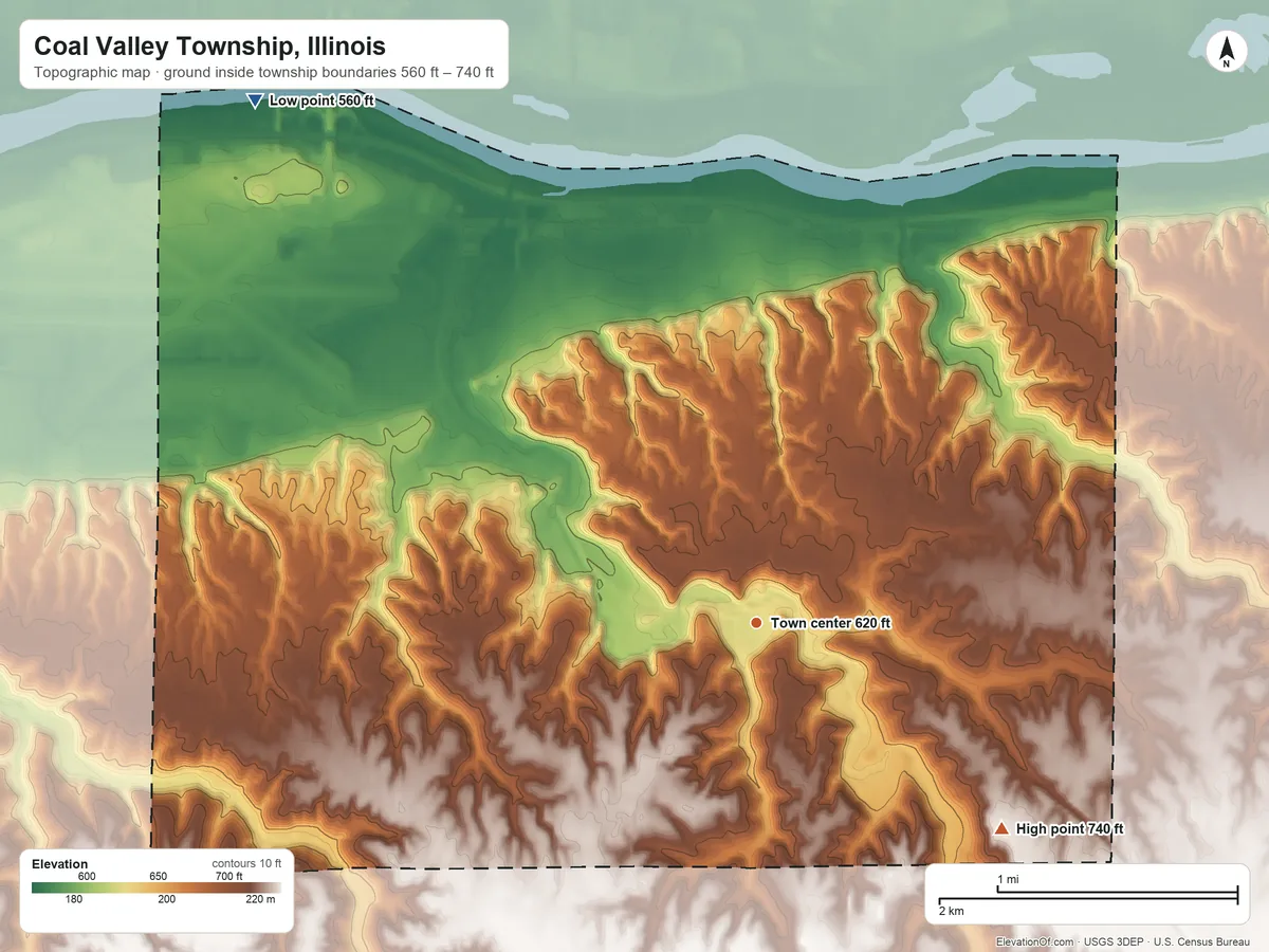 Topographic elevation map of Coal Valley Township, Illinois, shaded from 560 ft on the northwest side to 740 ft on the southeast side