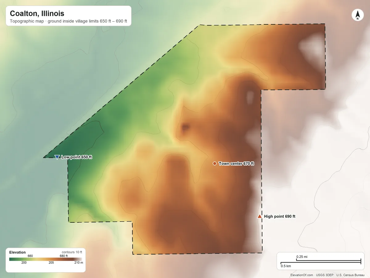Topographic elevation map of Coalton, Illinois, shaded from 650 ft on the west side to 690 ft on the southeast side