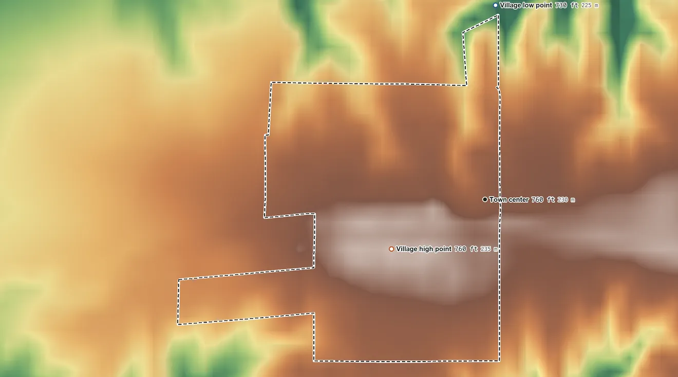 Topographic elevation map of Coatsburg, Illinois, shaded from 730 ft on the north side to 760 ft on the southwest side