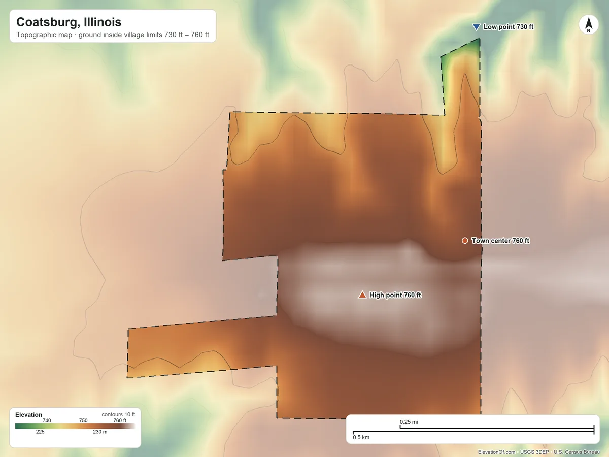Topographic elevation map of Coatsburg, Illinois, shaded from 730 ft on the north side to 760 ft on the southwest side
