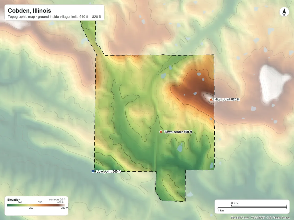 Topographic elevation map of Cobden, Illinois, shaded from 540 ft on the southwest side to 820 ft on the northeast side
