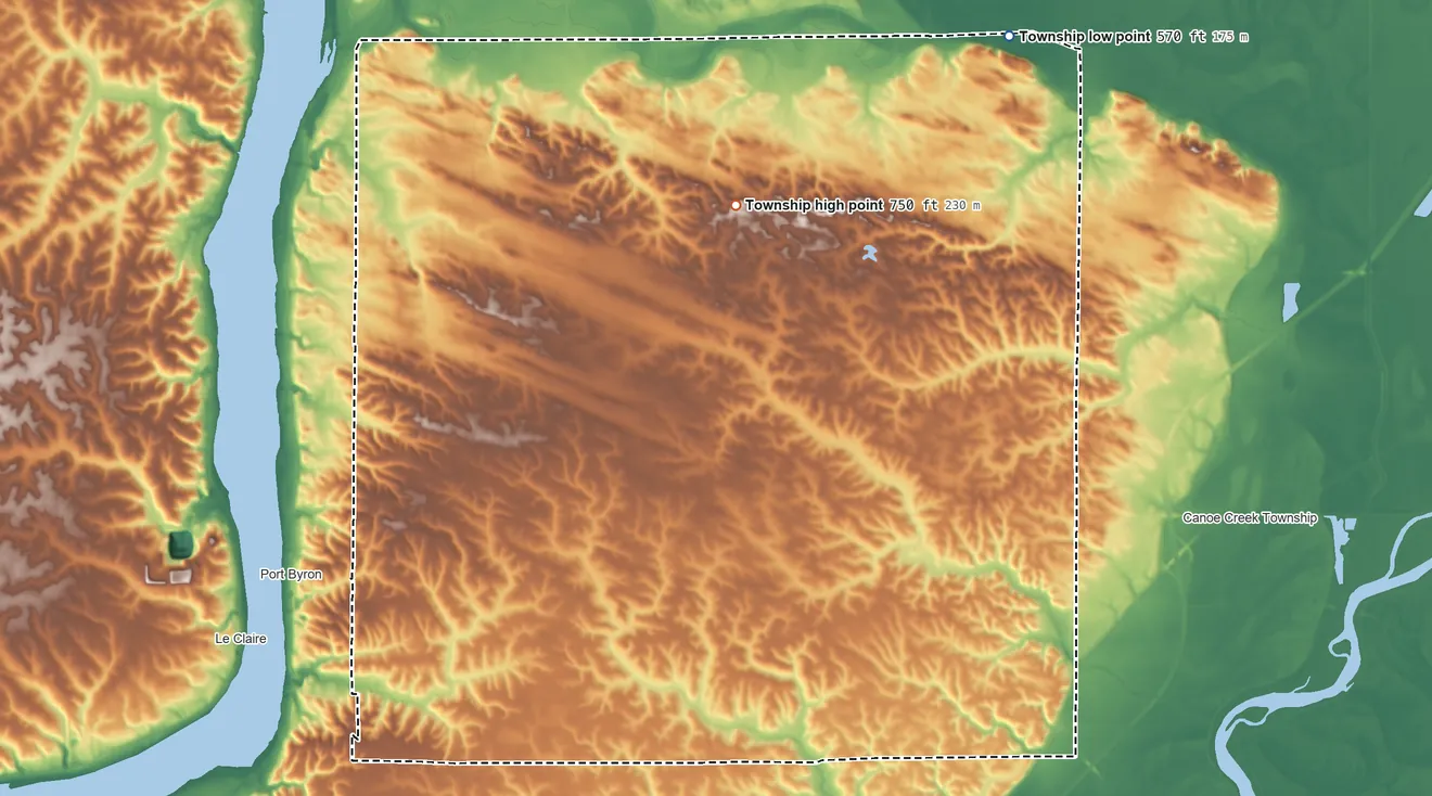 Topographic elevation map of Coe Township, Illinois, shaded from 570 ft on the northeast side to 750 ft on the northeast side