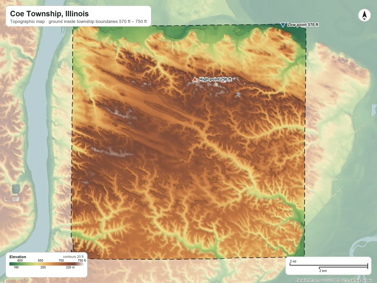 Topographic elevation map of Coe Township, Illinois, shaded from 570 ft on the northeast side to 750 ft on the northeast side