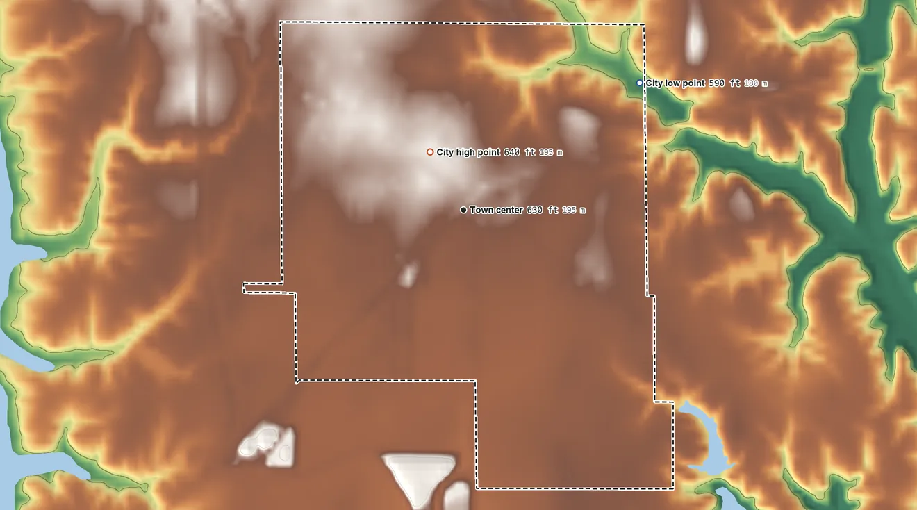 Topographic elevation map of Coffeen, Illinois, shaded from 590 ft on the northeast side to 640 ft on the northwest side