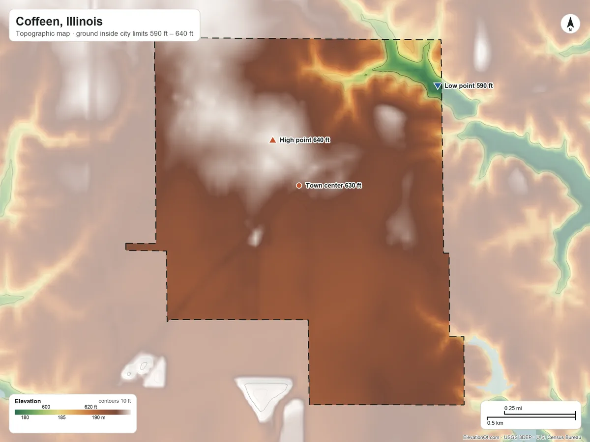 Topographic elevation map of Coffeen, Illinois, shaded from 590 ft on the northeast side to 640 ft on the northwest side