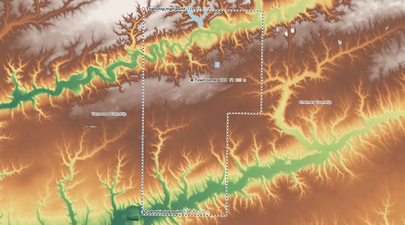 Topographic elevation map of Colchester Township, Illinois, shaded from 530 ft on the south side to 710 ft on the northwest side