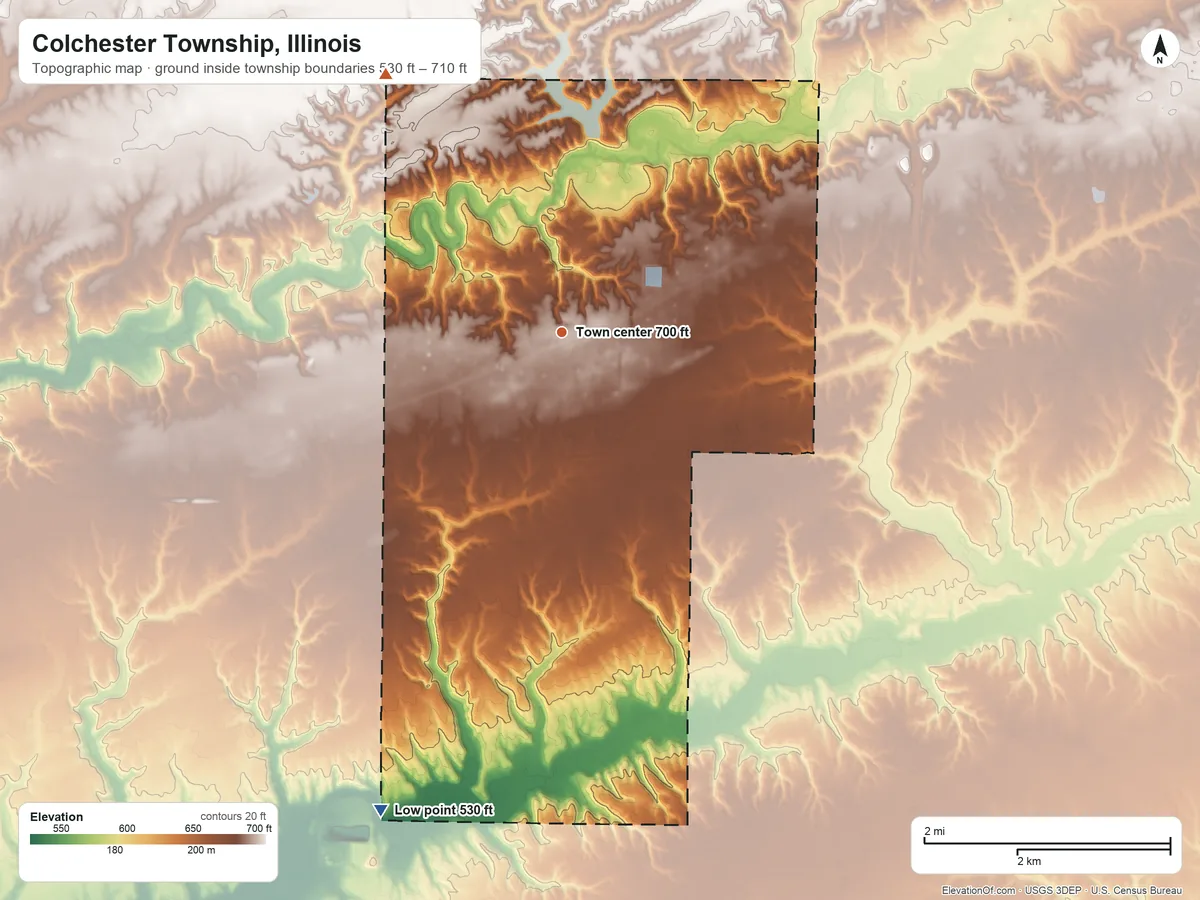 Topographic elevation map of Colchester Township, Illinois, shaded from 530 ft on the south side to 710 ft on the northwest side
