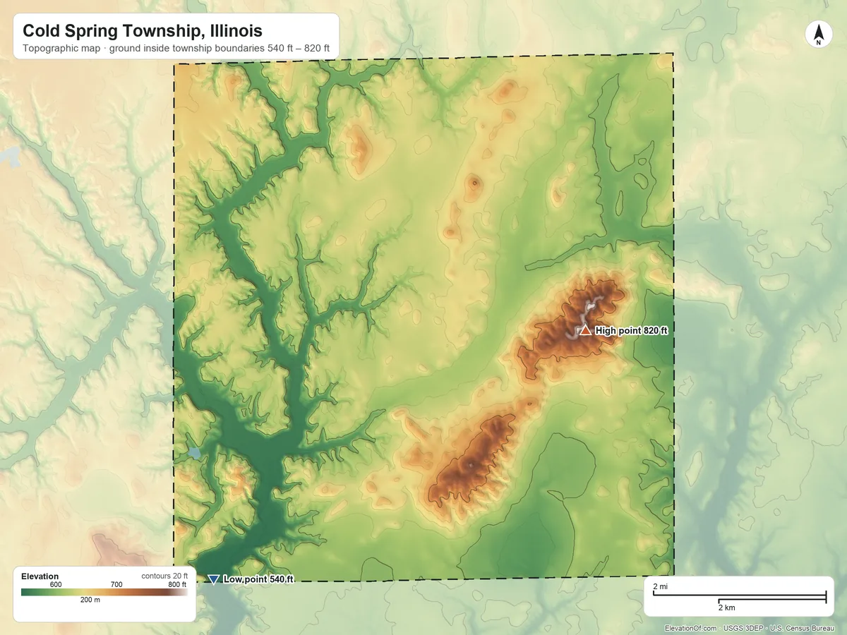 Topographic elevation map of Cold Spring Township, Illinois, shaded from 540 ft on the southwest side to 820 ft on the east side
