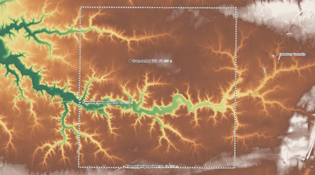 Topographic elevation map of Coldbrook Township, Illinois, shaded from 680 ft on the southwest side to 790 ft on the south side