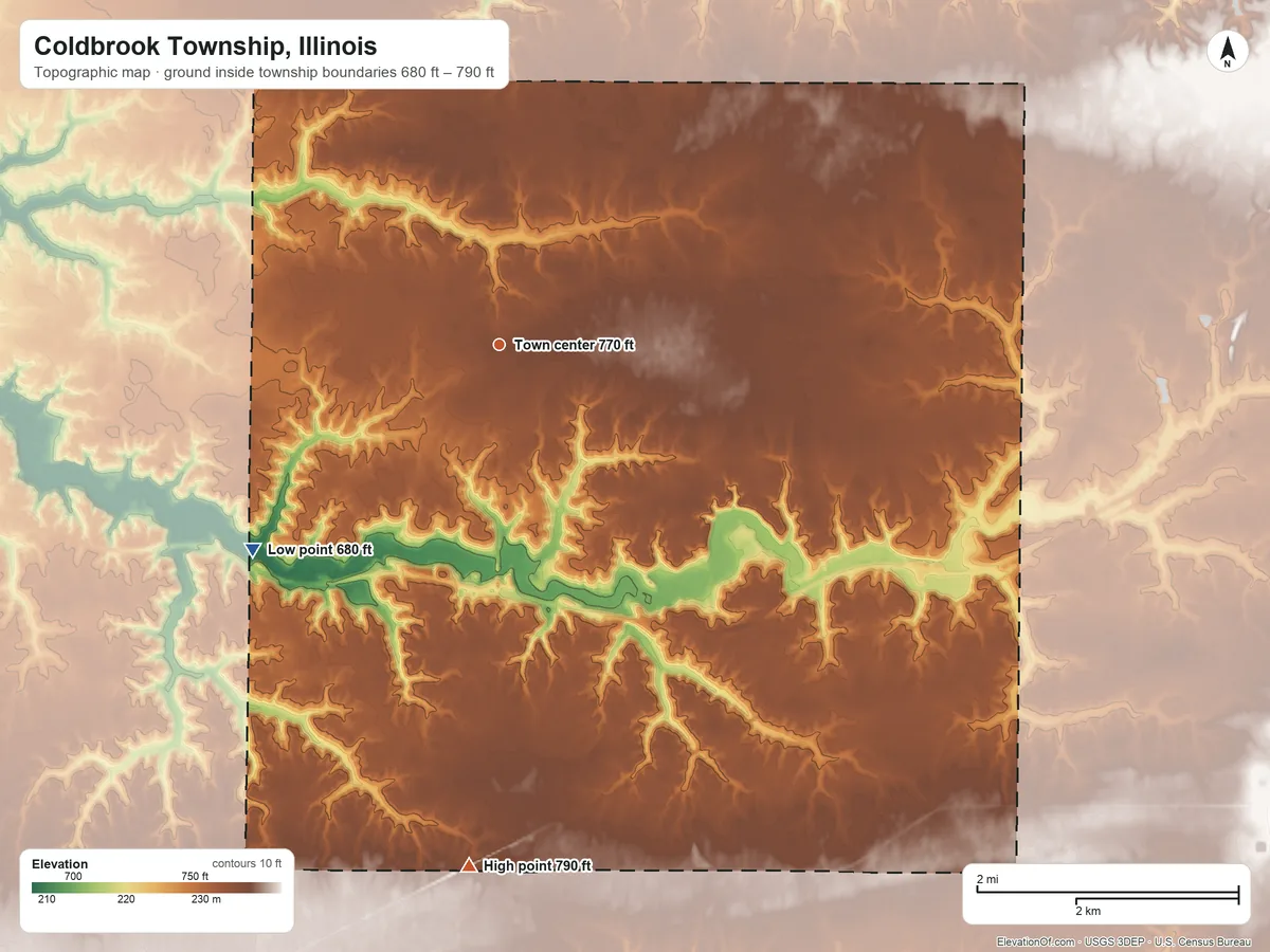 Topographic elevation map of Coldbrook Township, Illinois, shaded from 680 ft on the southwest side to 790 ft on the south side