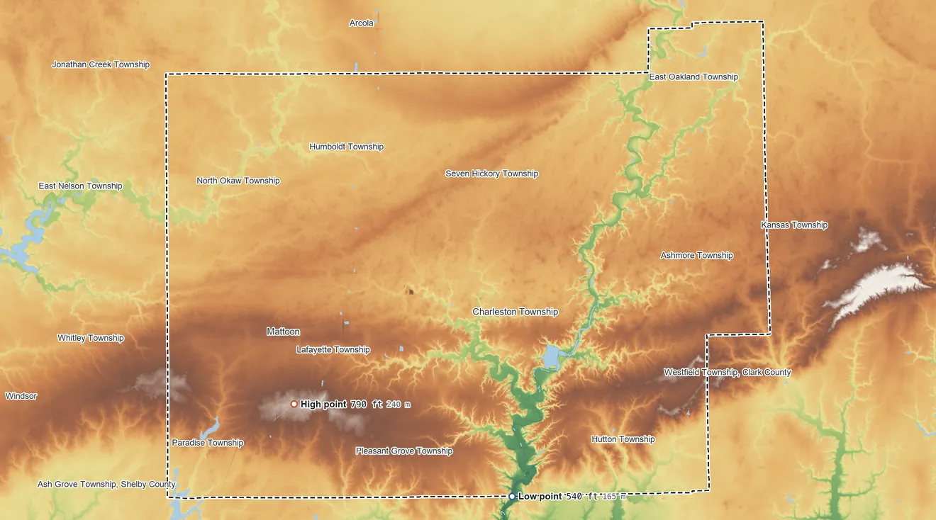 Topographic elevation map of Coles County, Illinois, shaded from 540 ft on the south side to 790 ft on the southwest side