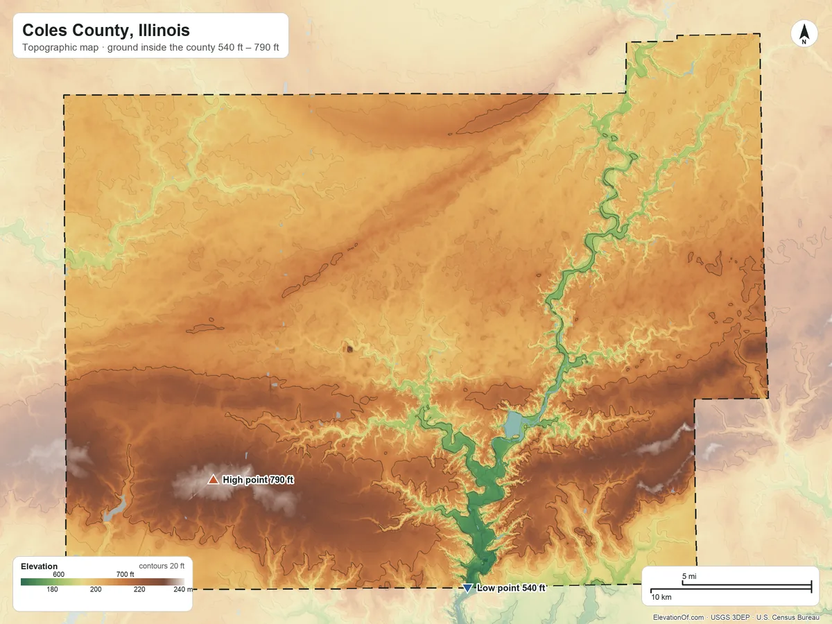 Topographic elevation map of Coles County, Illinois, shaded from 540 ft on the south side to 790 ft on the southwest side