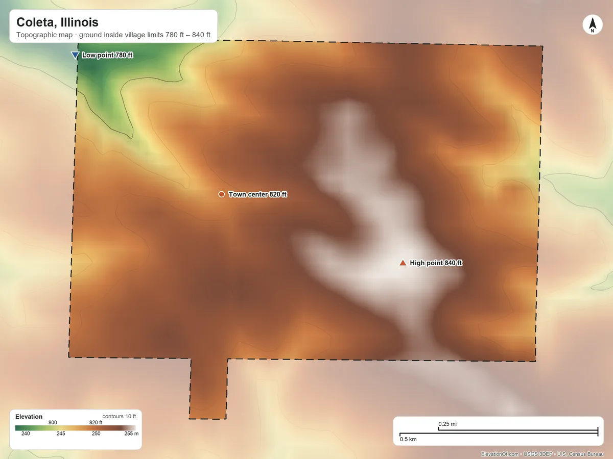 Topographic elevation map of Coleta, Illinois, shaded from 780 ft on the northwest side to 840 ft on the east side