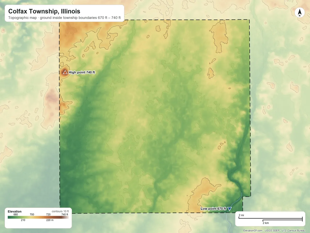 Topographic elevation map of Colfax Township, Illinois, shaded from 670 ft on the southeast side to 740 ft on Blue Mound