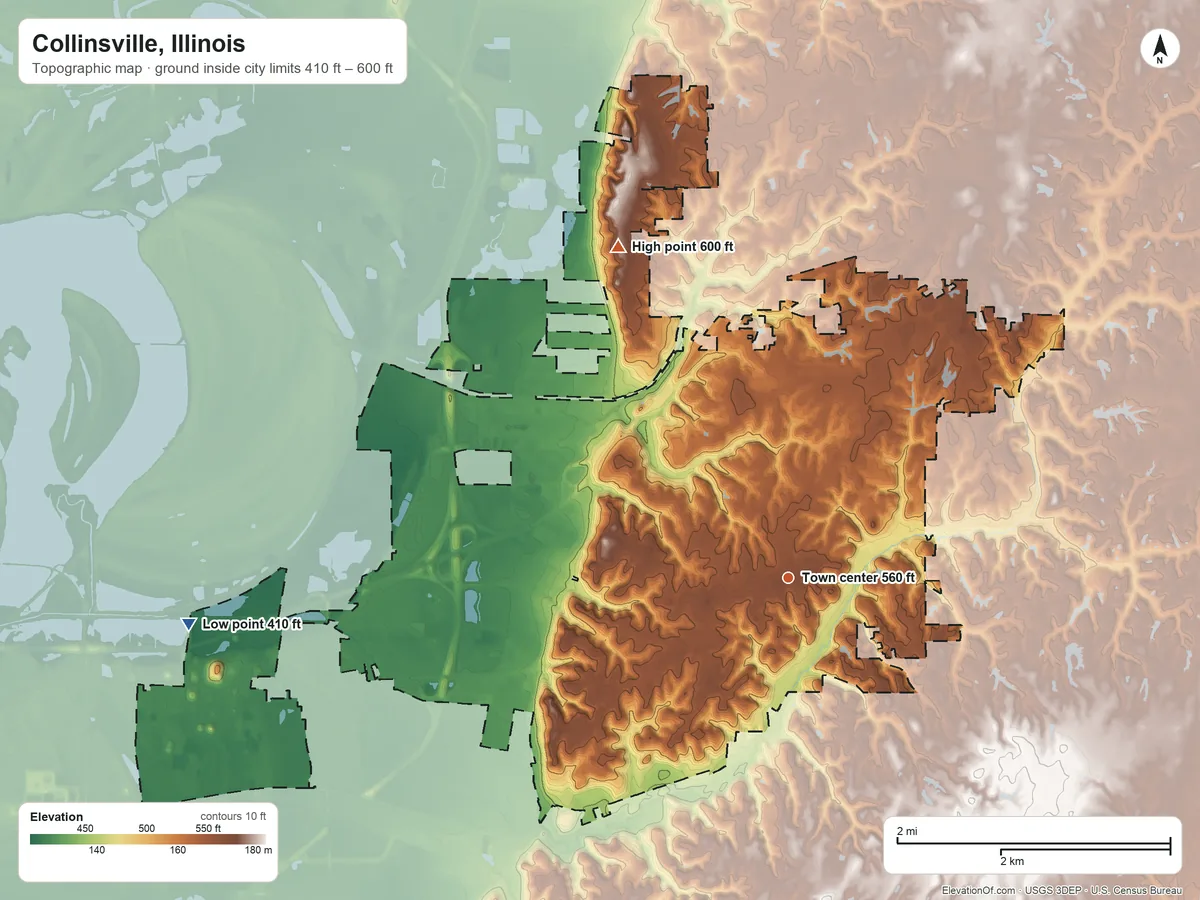 Topographic elevation map of Collinsville, Illinois, shaded from 410 ft on the west side to 600 ft on Fox Hill