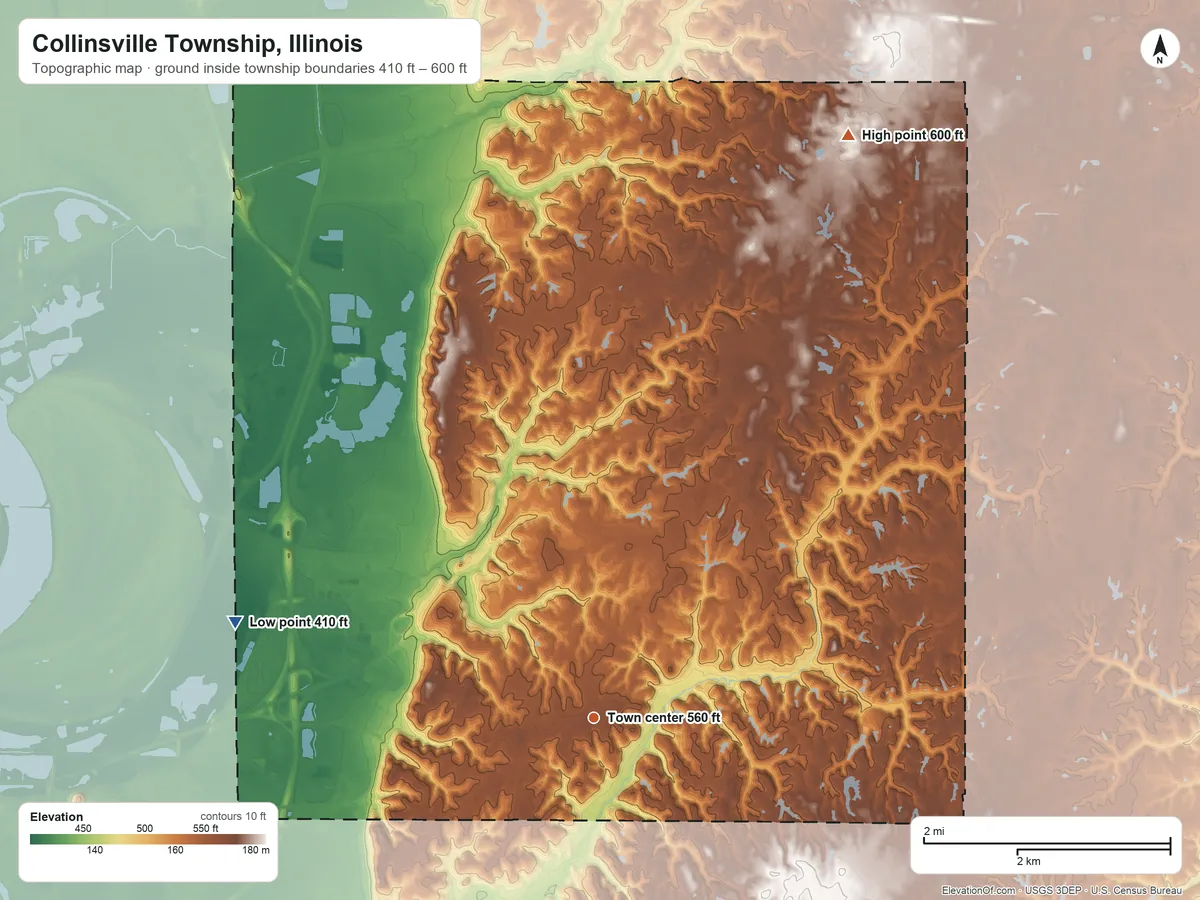 Topographic elevation map of Collinsville Township, Illinois, shaded from 410 ft on the west side to 600 ft on the northeast side