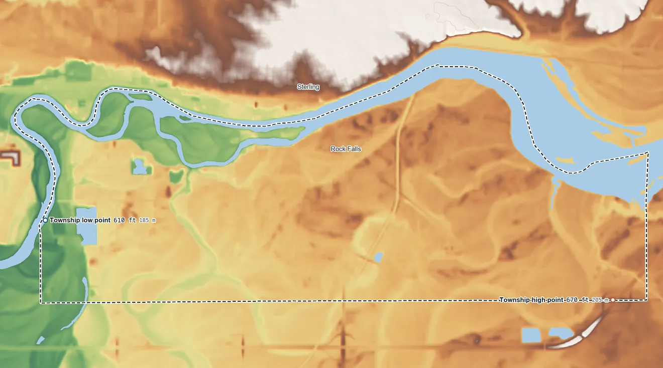 Topographic elevation map of Coloma Township, Illinois, shaded from 610 ft on the west side to 670 ft on the east side