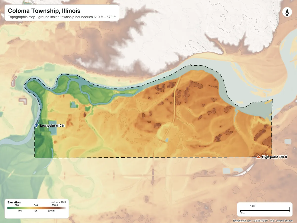 Topographic elevation map of Coloma Township, Illinois, shaded from 610 ft on the west side to 670 ft on the east side