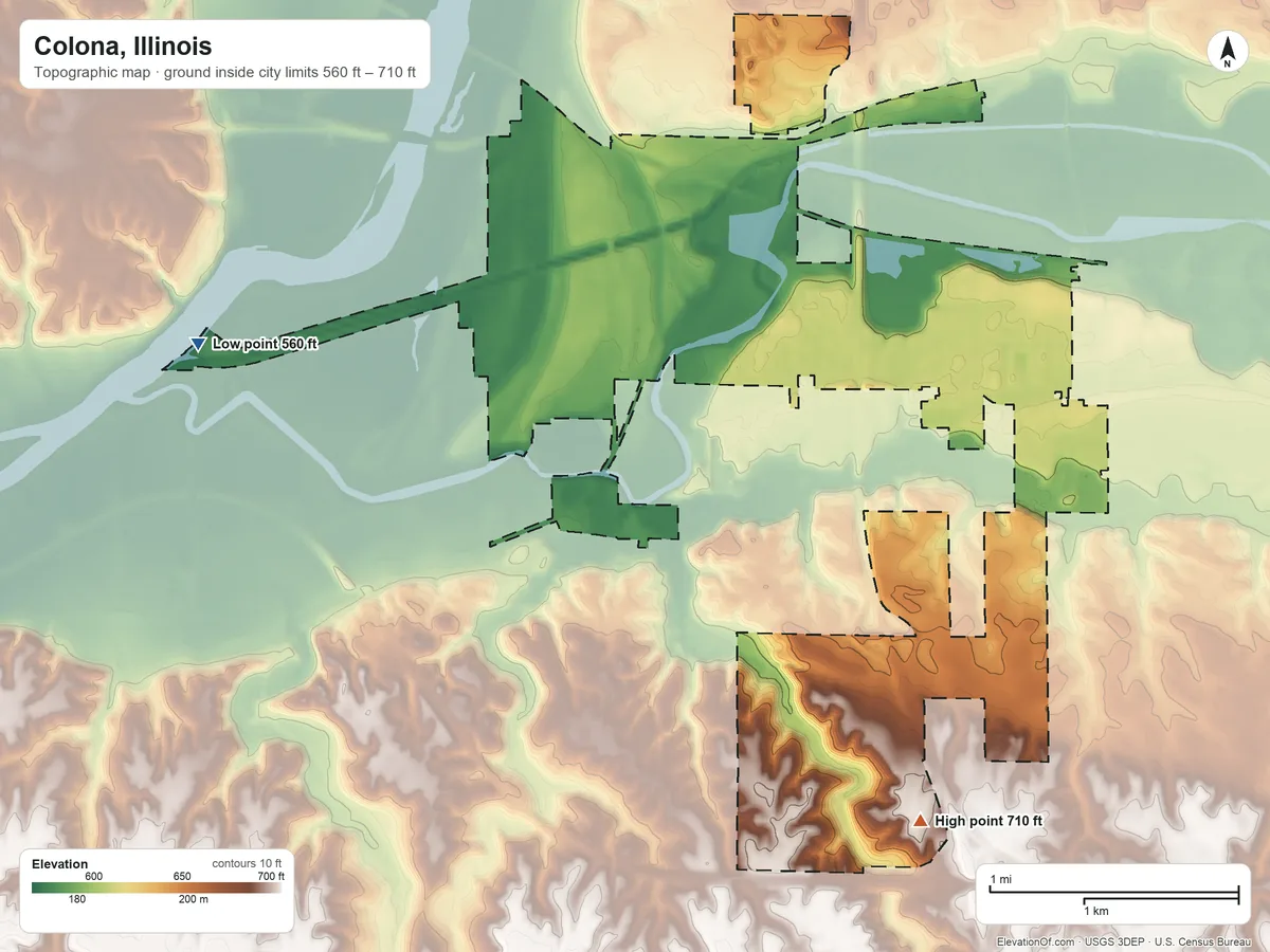 Topographic elevation map of Colona, Illinois, shaded from 560 ft on the west side to 710 ft on the south side