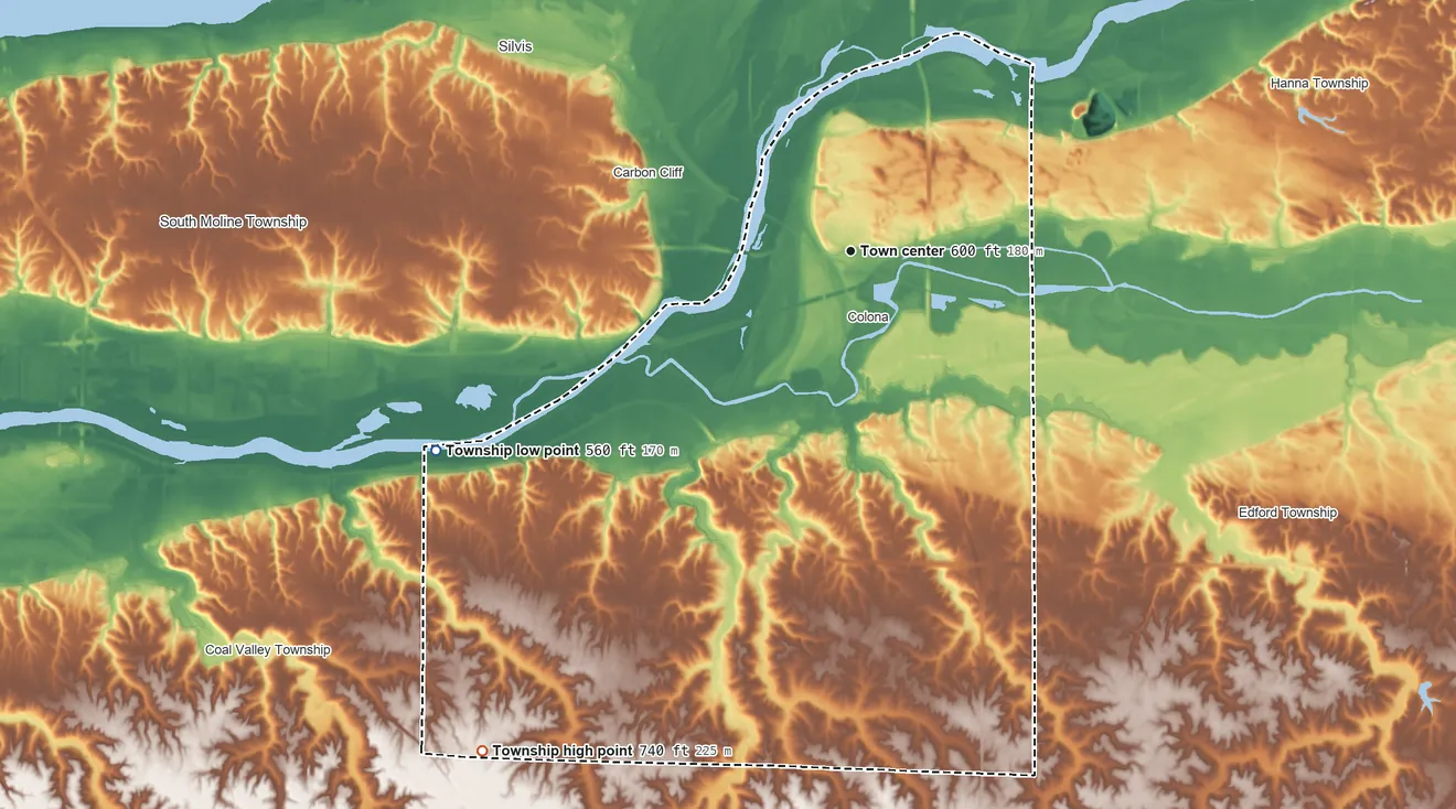 Topographic elevation map of Colona Township, Illinois, shaded from 560 ft on the southwest side to 740 ft on the southwest side