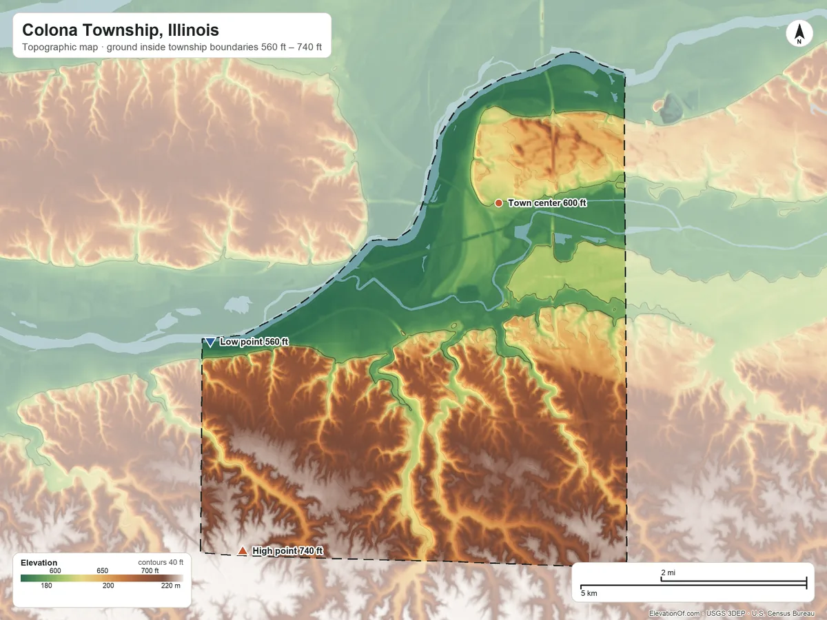 Topographic elevation map of Colona Township, Illinois, shaded from 560 ft on the southwest side to 740 ft on the southwest side