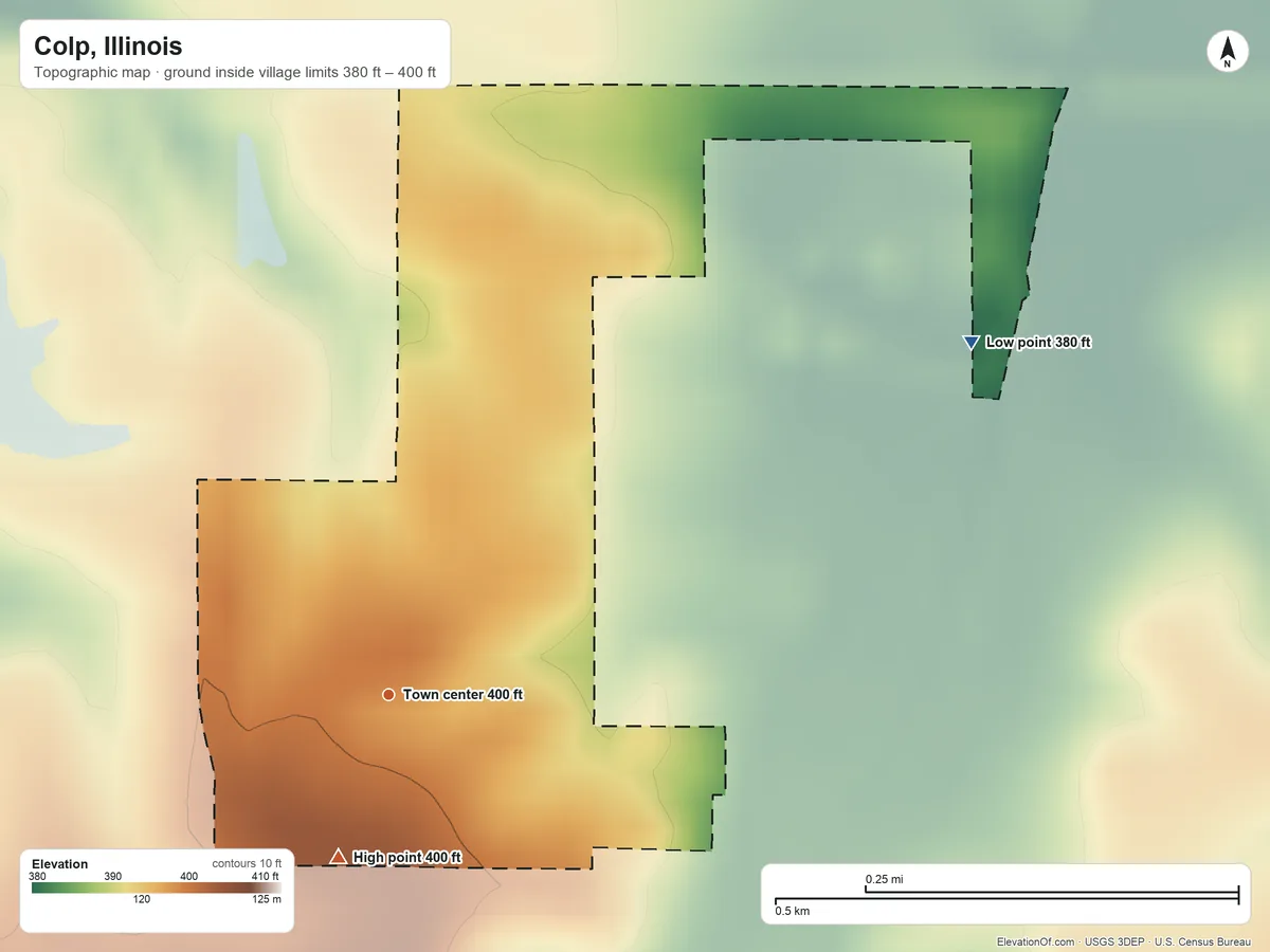 Topographic elevation map of Colp, Illinois, shaded from 380 ft on the northeast side to 400 ft on the south side