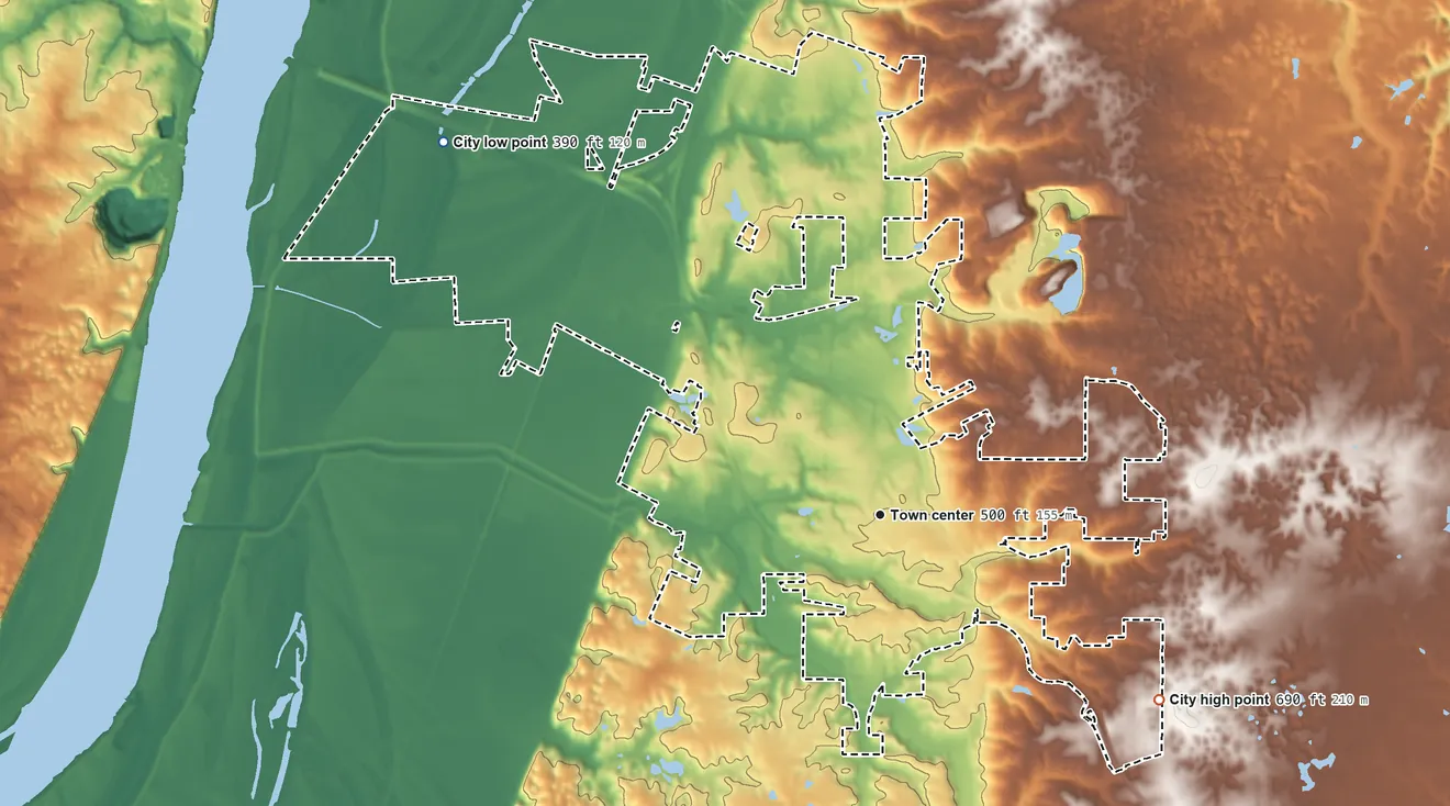 Topographic elevation map of Columbia, Illinois, shaded from 390 ft on the northwest side to 690 ft on the southeast side