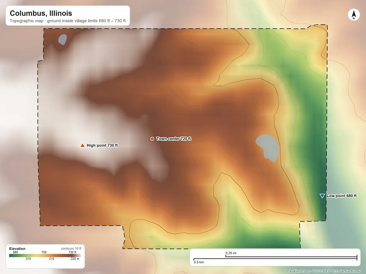 Topographic elevation map of Columbus, Illinois, shaded from 680 ft on the east side to 730 ft on the west side